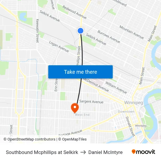 Southbound Mcphillips at Selkirk to Daniel McIntyre map
