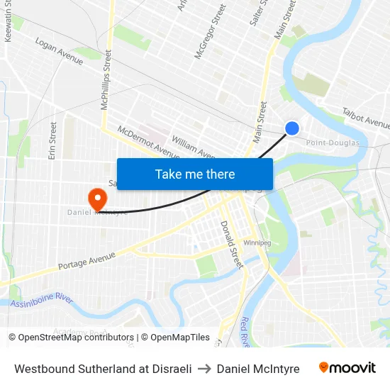 Westbound Sutherland at Disraeli to Daniel McIntyre map