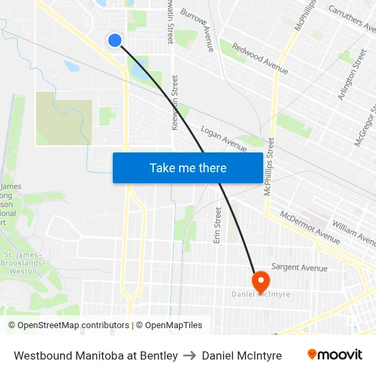 Westbound Manitoba at Bentley to Daniel McIntyre map