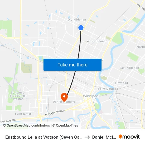 Eastbound Leila at Watson (Seven Oaks Hospital) to Daniel McIntyre map