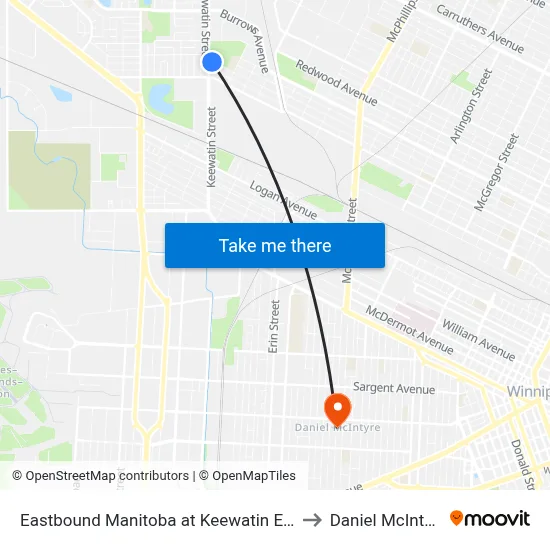 Eastbound Manitoba at Keewatin East to Daniel McIntyre map