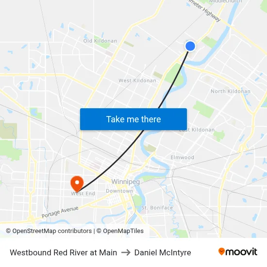 Westbound Red River at Main to Daniel McIntyre map