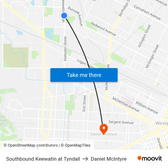 Southbound Keewatin at Tyndall to Daniel McIntyre map