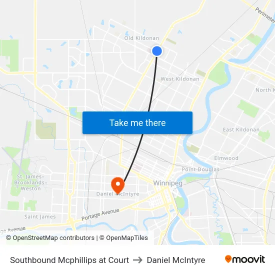 Southbound Mcphillips at Court to Daniel McIntyre map