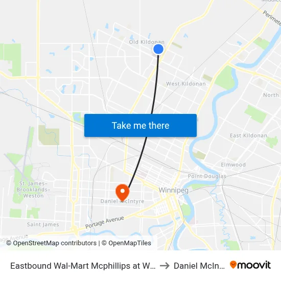 Eastbound Wal-Mart Mcphillips at Wal-Mart to Daniel McIntyre map