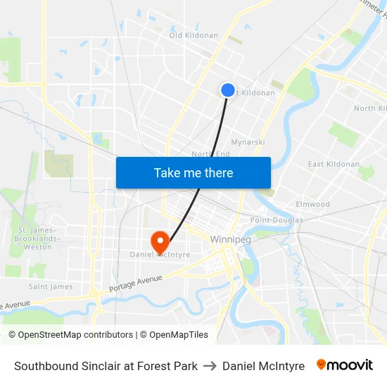 Southbound Sinclair at Forest Park to Daniel McIntyre map