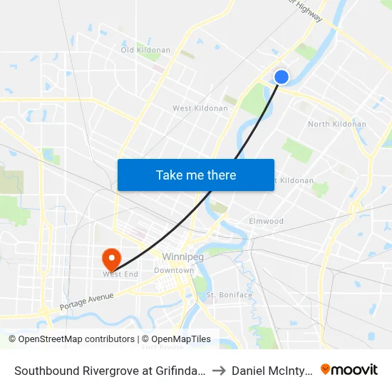 Southbound Rivergrove at Grifindale to Daniel McIntyre map