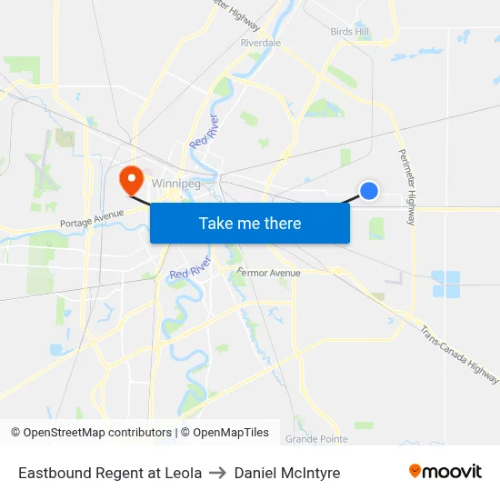 Eastbound Regent at Leola to Daniel McIntyre map