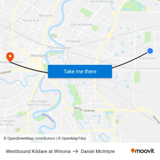 Westbound Kildare at Winona to Daniel McIntyre map