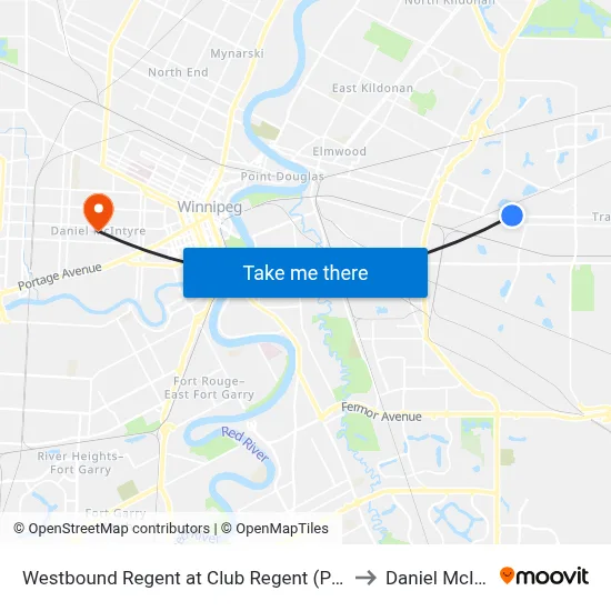 Westbound Regent at Club Regent (Park & Ride) to Daniel McIntyre map