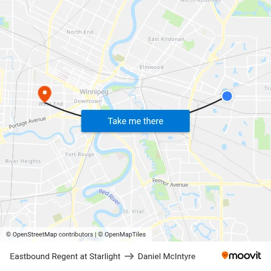 Eastbound Regent at Starlight to Daniel McIntyre map