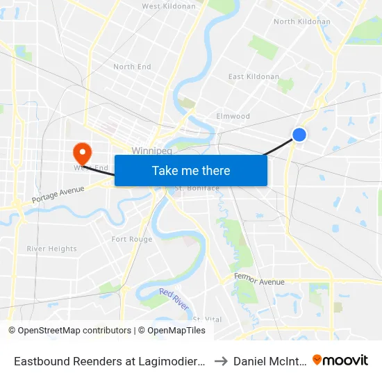Eastbound Reenders at Lagimodiere East to Daniel McIntyre map