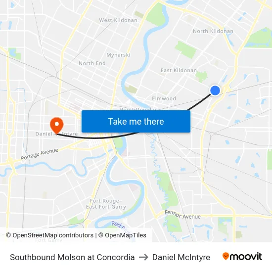 Southbound Molson at Concordia to Daniel McIntyre map
