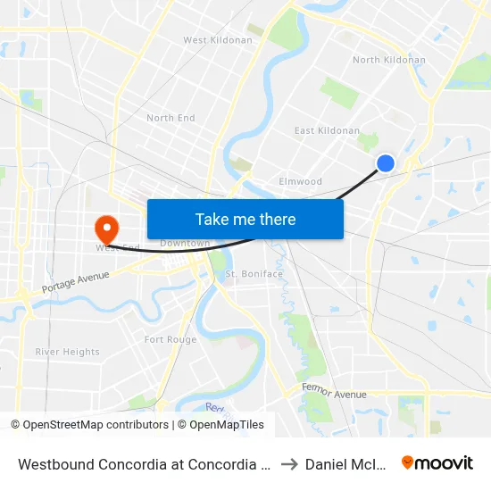Westbound Concordia at Concordia Hospital to Daniel McIntyre map
