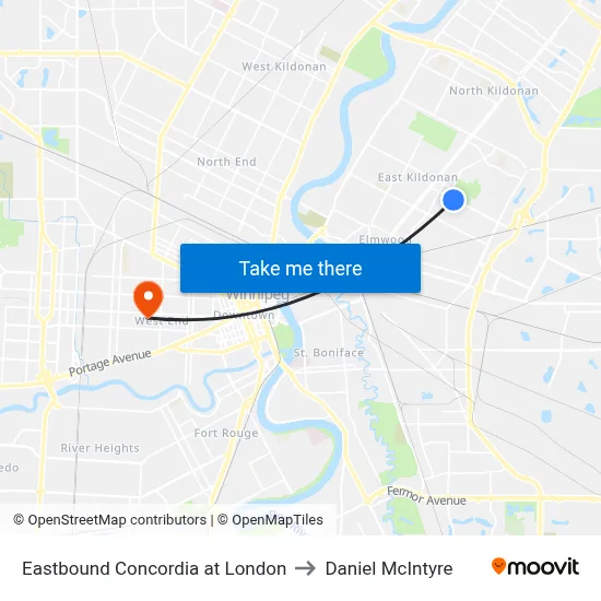 Eastbound Concordia at London to Daniel McIntyre map