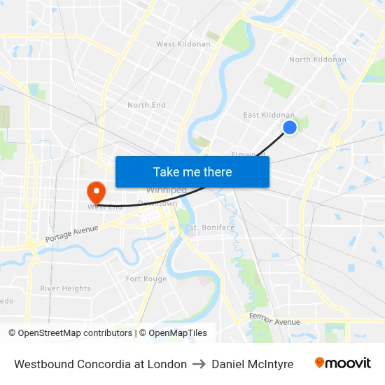 Westbound Concordia at London to Daniel McIntyre map
