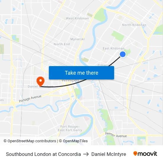 Southbound London at Concordia to Daniel McIntyre map