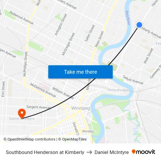 Southbound Henderson at Kimberly to Daniel McIntyre map