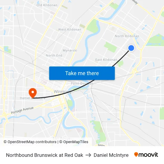 Northbound Brunswick at Red Oak to Daniel McIntyre map