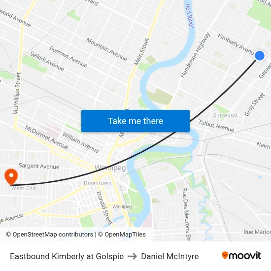 Eastbound Kimberly at Golspie to Daniel McIntyre map