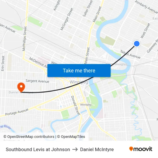Southbound Levis at Johnson to Daniel McIntyre map