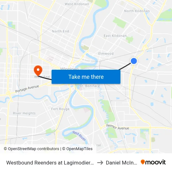 Westbound Reenders at Lagimodiere West to Daniel McIntyre map