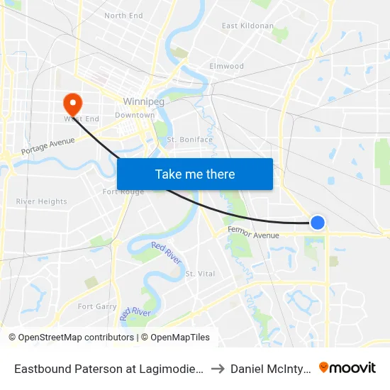 Eastbound Paterson at Lagimodiere to Daniel McIntyre map
