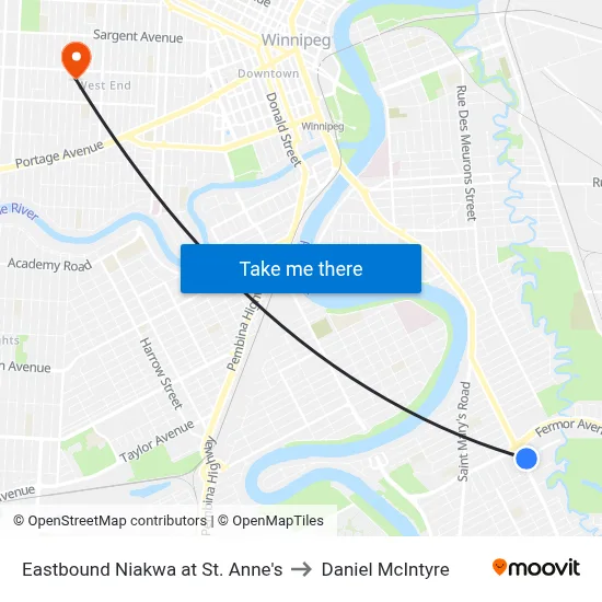 Eastbound Niakwa at St. Anne's to Daniel McIntyre map