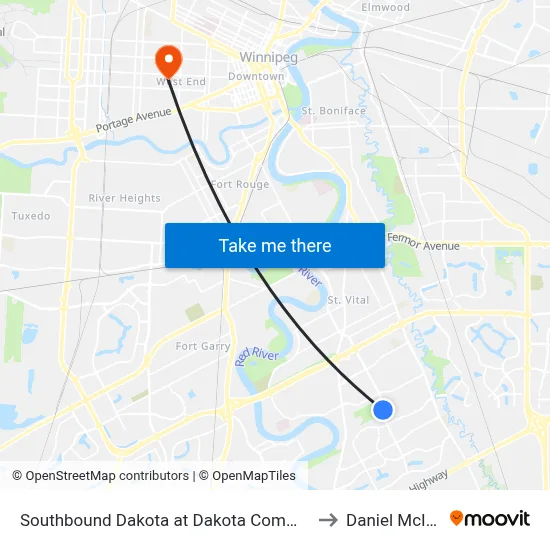 Southbound Dakota at Dakota Community Club to Daniel McIntyre map