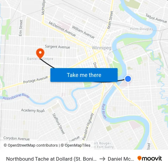 Northbound Tache at Dollard (St. Boniface Hospital) to Daniel McIntyre map