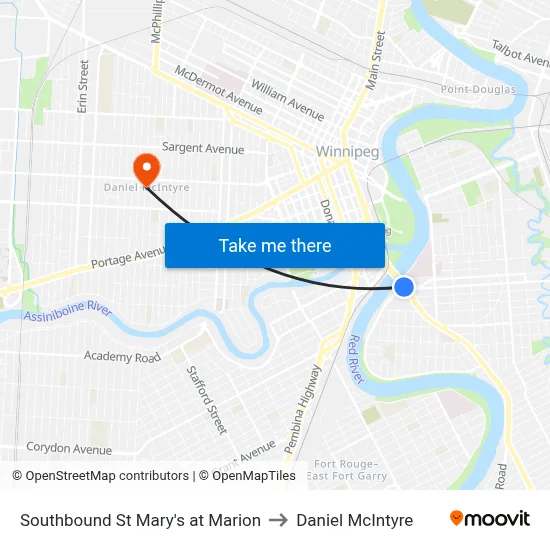 Southbound St Mary's at Marion to Daniel McIntyre map