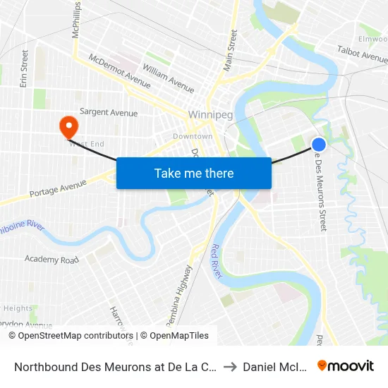 Northbound Des Meurons at De La Cathedrale to Daniel McIntyre map