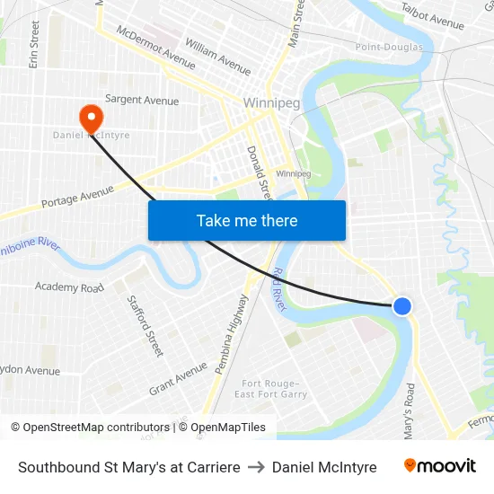 Southbound St Mary's at Carriere to Daniel McIntyre map