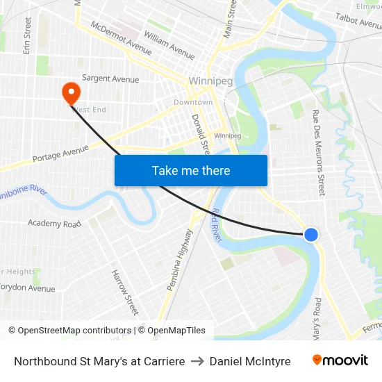 Northbound St Mary's at Carriere to Daniel McIntyre map