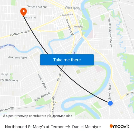 Northbound St Mary's at Fermor to Daniel McIntyre map
