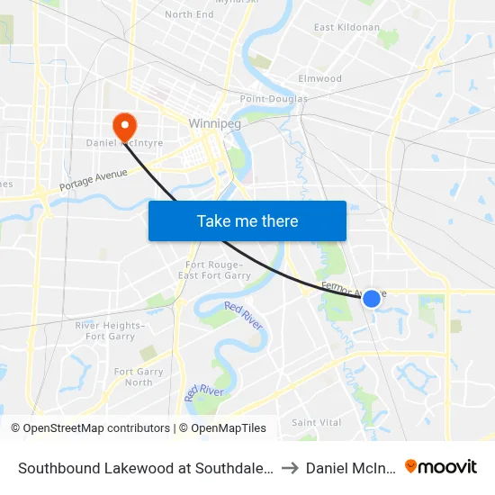 Southbound Lakewood at Southdale Centre to Daniel McIntyre map