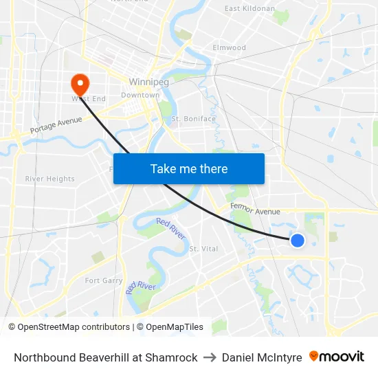 Northbound Beaverhill at Shamrock to Daniel McIntyre map