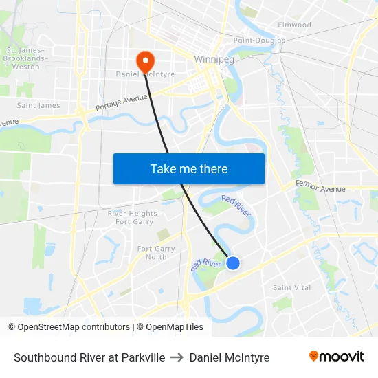 Southbound River at Parkville to Daniel McIntyre map