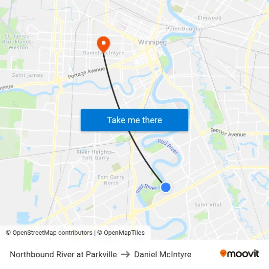 Northbound River at Parkville to Daniel McIntyre map