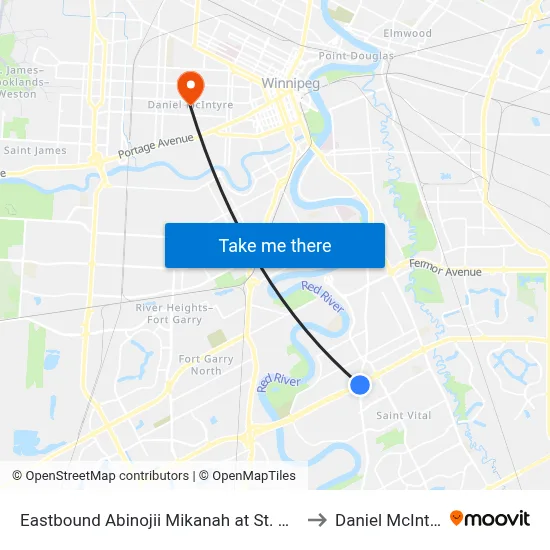 Eastbound Abinojii Mikanah at St. Mary's to Daniel McIntyre map