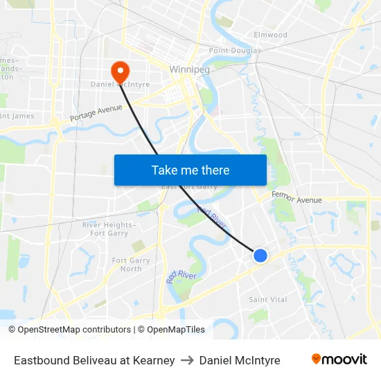 Eastbound Beliveau at Kearney to Daniel McIntyre map