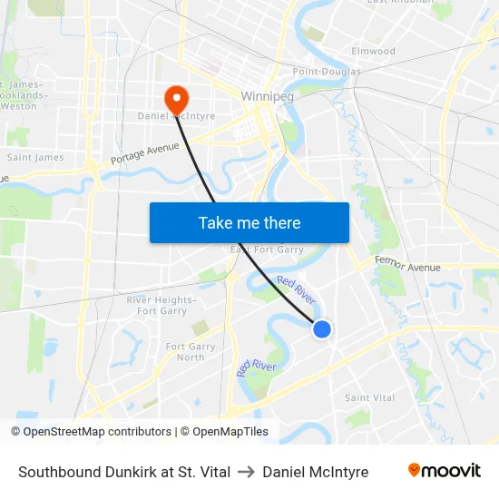 Southbound Dunkirk at St. Vital to Daniel McIntyre map