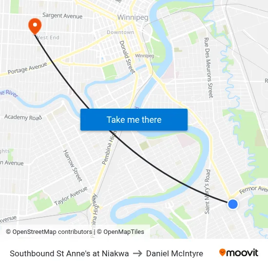 Southbound St Anne's at Niakwa to Daniel McIntyre map