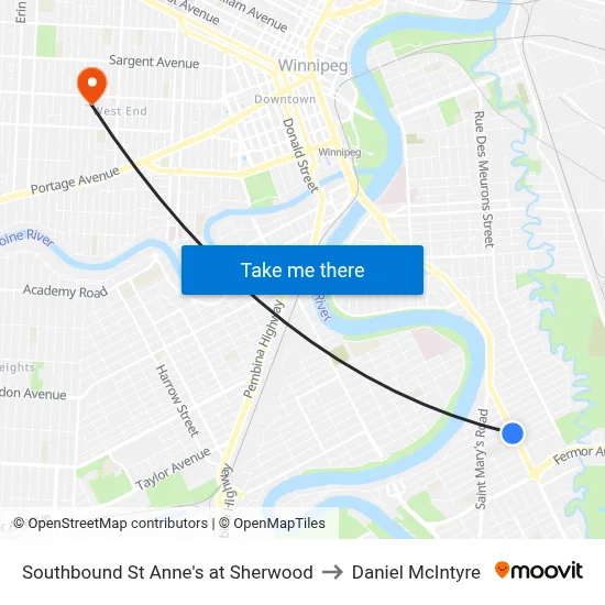 Southbound St Anne's at Sherwood to Daniel McIntyre map