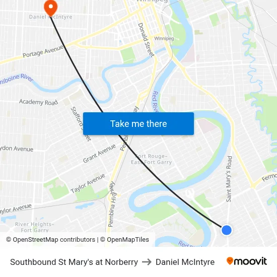 Southbound St Mary's at Norberry to Daniel McIntyre map