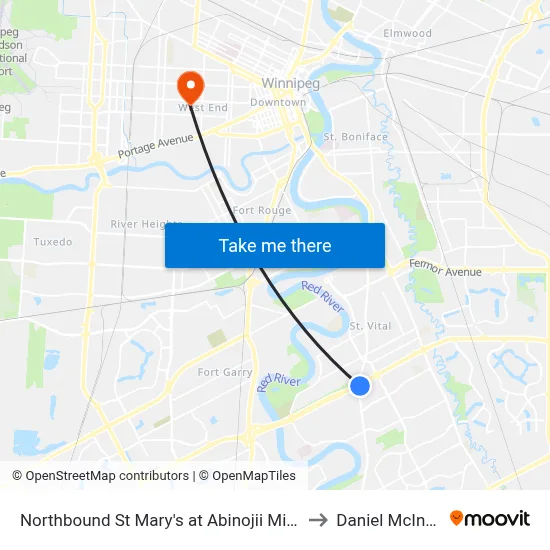 Northbound St Mary's at Abinojii Mikanah to Daniel McIntyre map