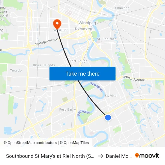 Southbound St Mary's at Riel North (St. Vital Centre) to Daniel McIntyre map
