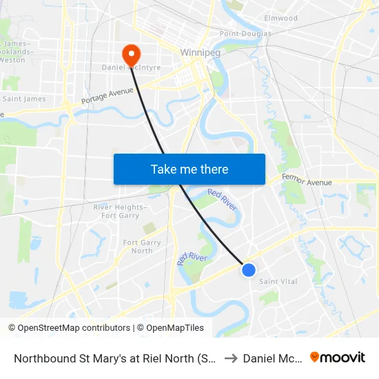 Northbound St Mary's at Riel North (St. Vital Centre) to Daniel McIntyre map