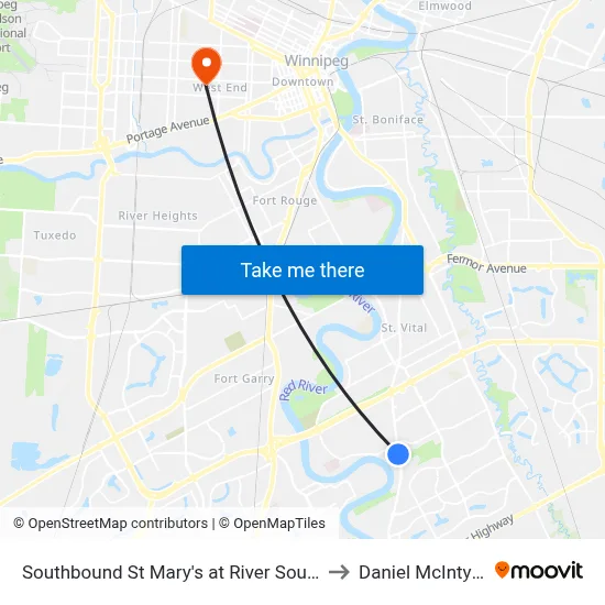 Southbound St Mary's at River South to Daniel McIntyre map