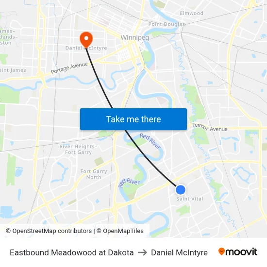 Eastbound Meadowood at Dakota to Daniel McIntyre map